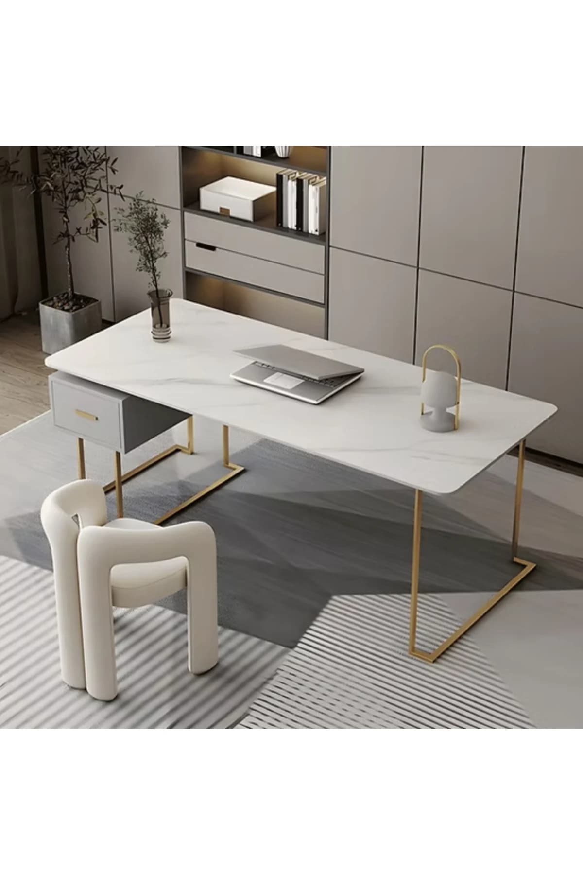 ÇLM0468 Modern Dikdörtgen Çalışma Masası MDF Üstlü Metal Ayaklı Çekmeceli 140cm