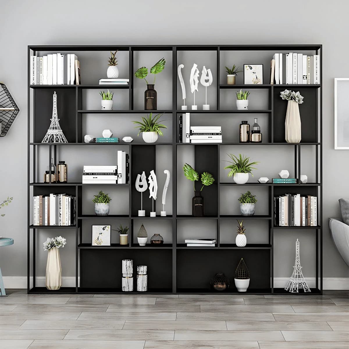 KC-0224 Modern Metal Etajer Kitaplık, 10 Raflı Açık Tasarım, Siyah
