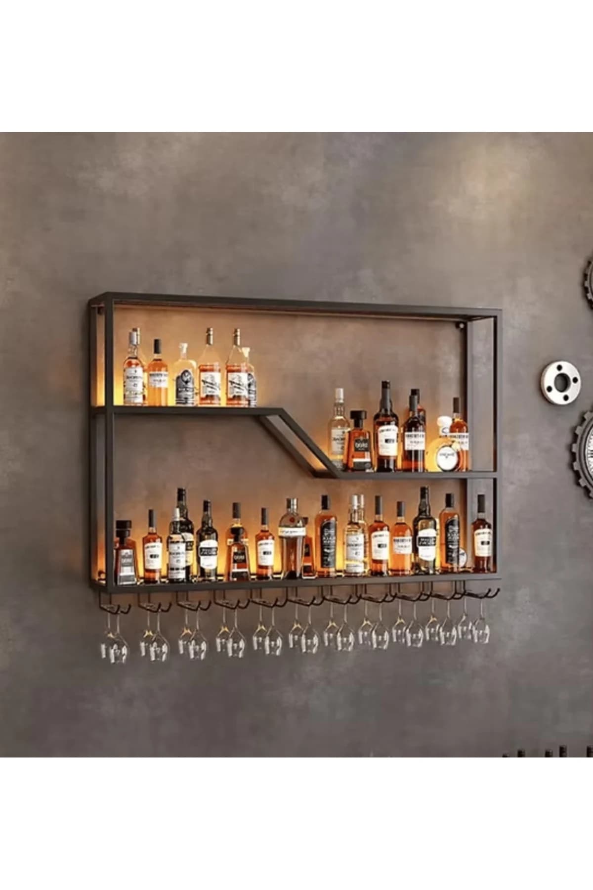 ŞRP4063 Modern Endüstriyel Metal Duvara Monte LED Işıklı Şaraplık Standı