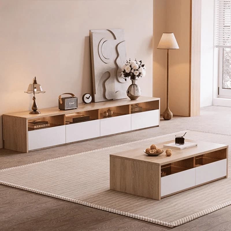 KTV-027 Modern Dikdörtgen TV Ünitesi Ahşap Çekmeceli Işıklı