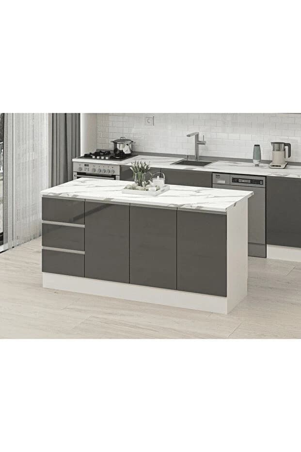 ADA8016 Beyaz Antrasit MDF Ada Mutfak Dolabı 180 cm