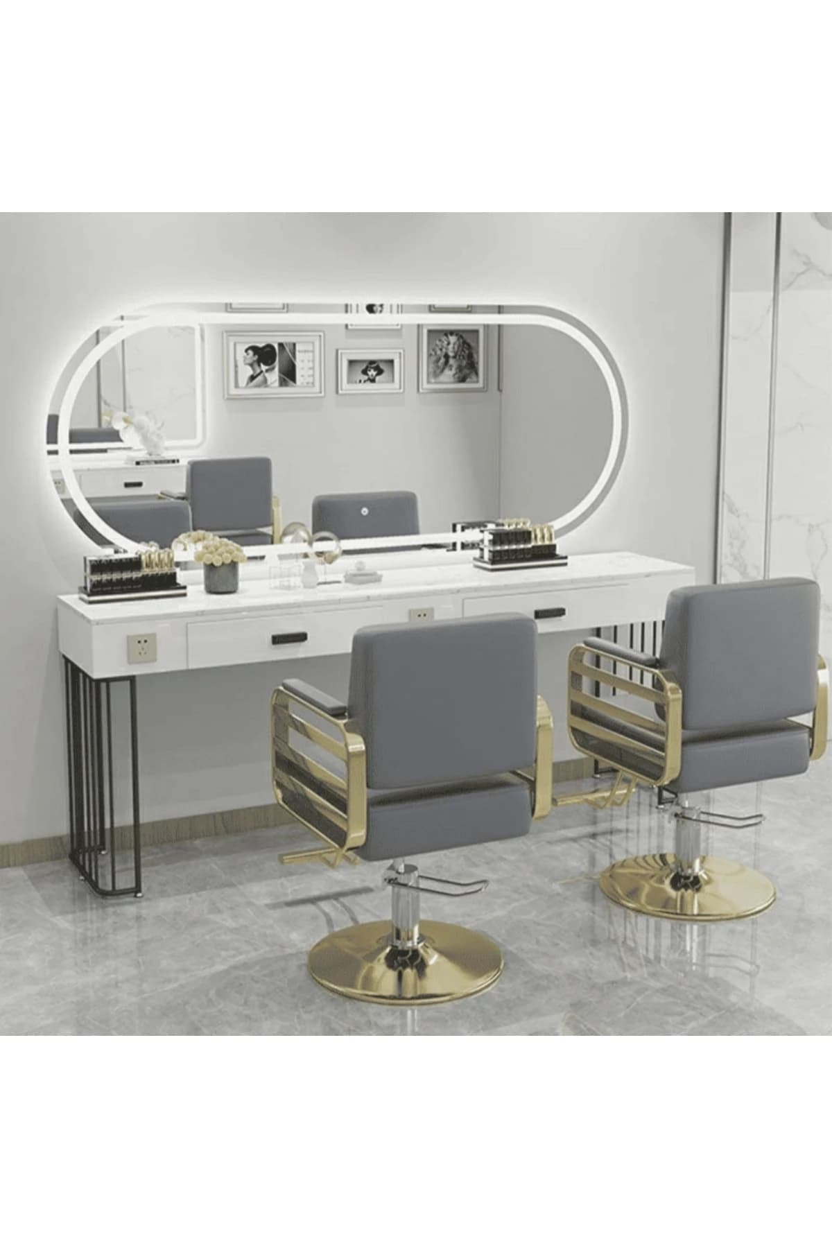 KC-0109 Modern Metal Kuaför Çalışma İstasyonu, MDF Tezgahlı, Çekmeceli