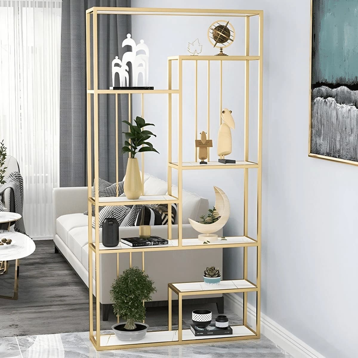 KC-0232 Metal Ayaklı MDF Raflı Geometrik Tasarım Kitaplık