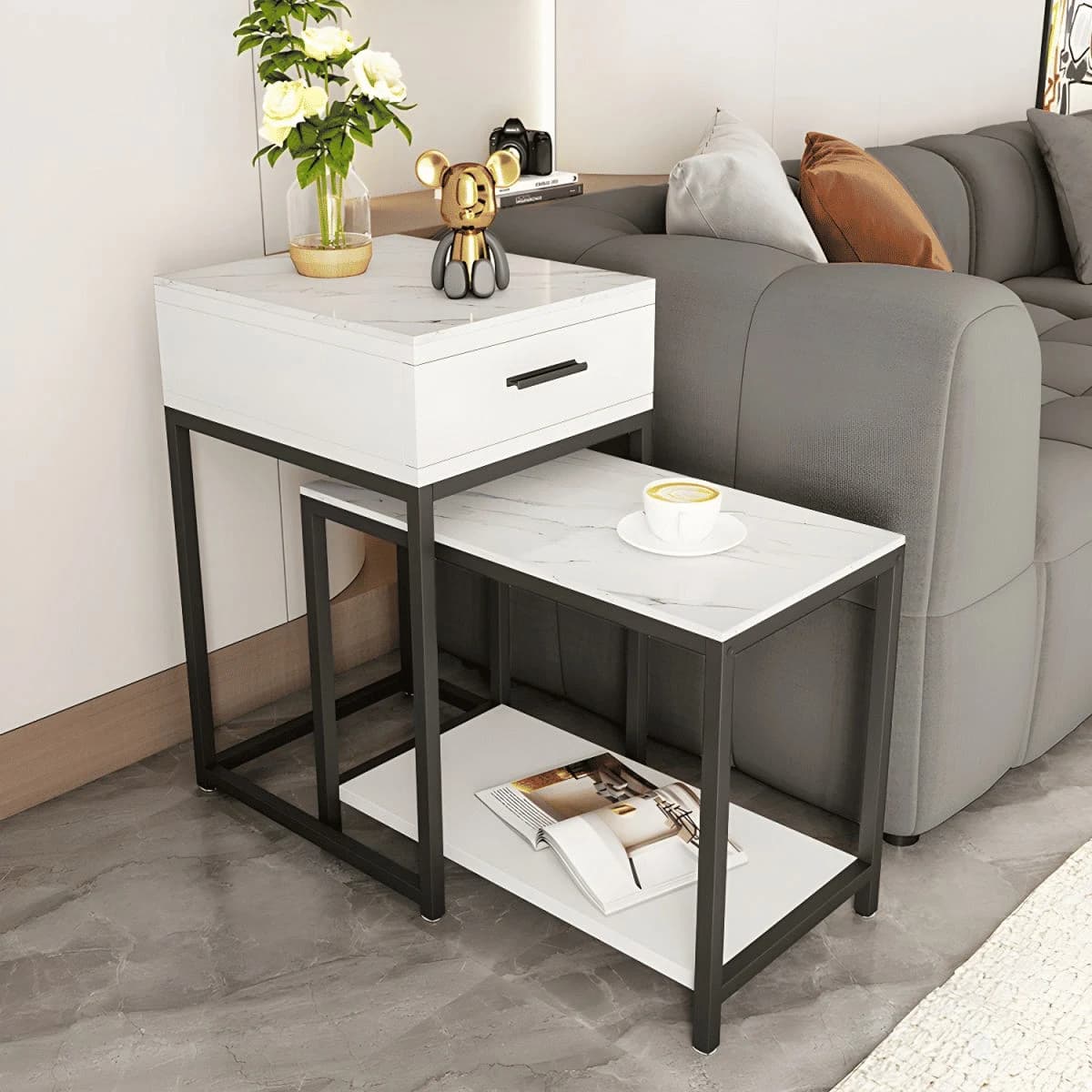 ZGN84017 Modern Çekmeceli MDF Üst Tablalı Metal Ayaklı Yan Sehpa