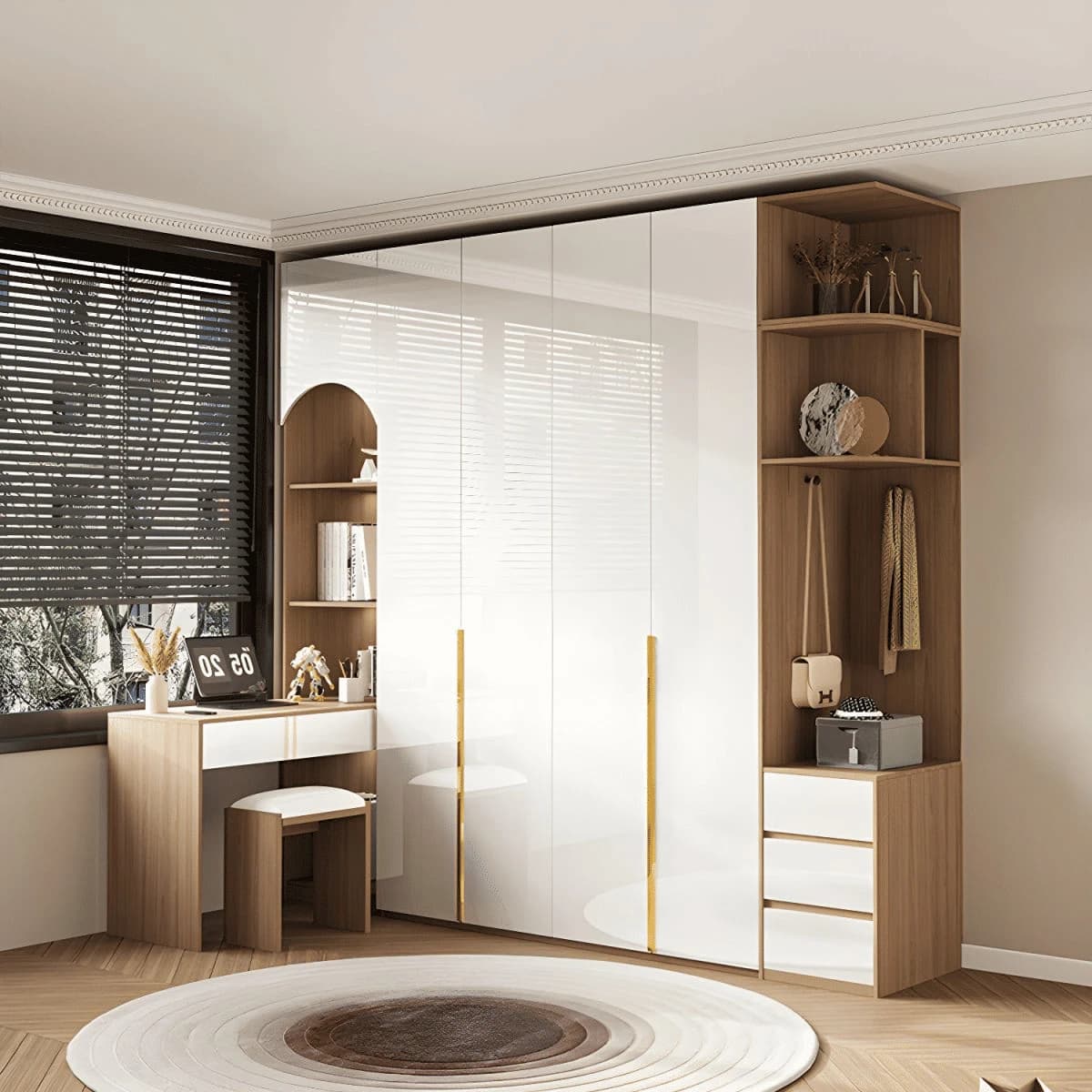 DLP-020 Modern Dikdörtgen Gardırop Ahşap Çekmeceli Askılıklı Beyaz