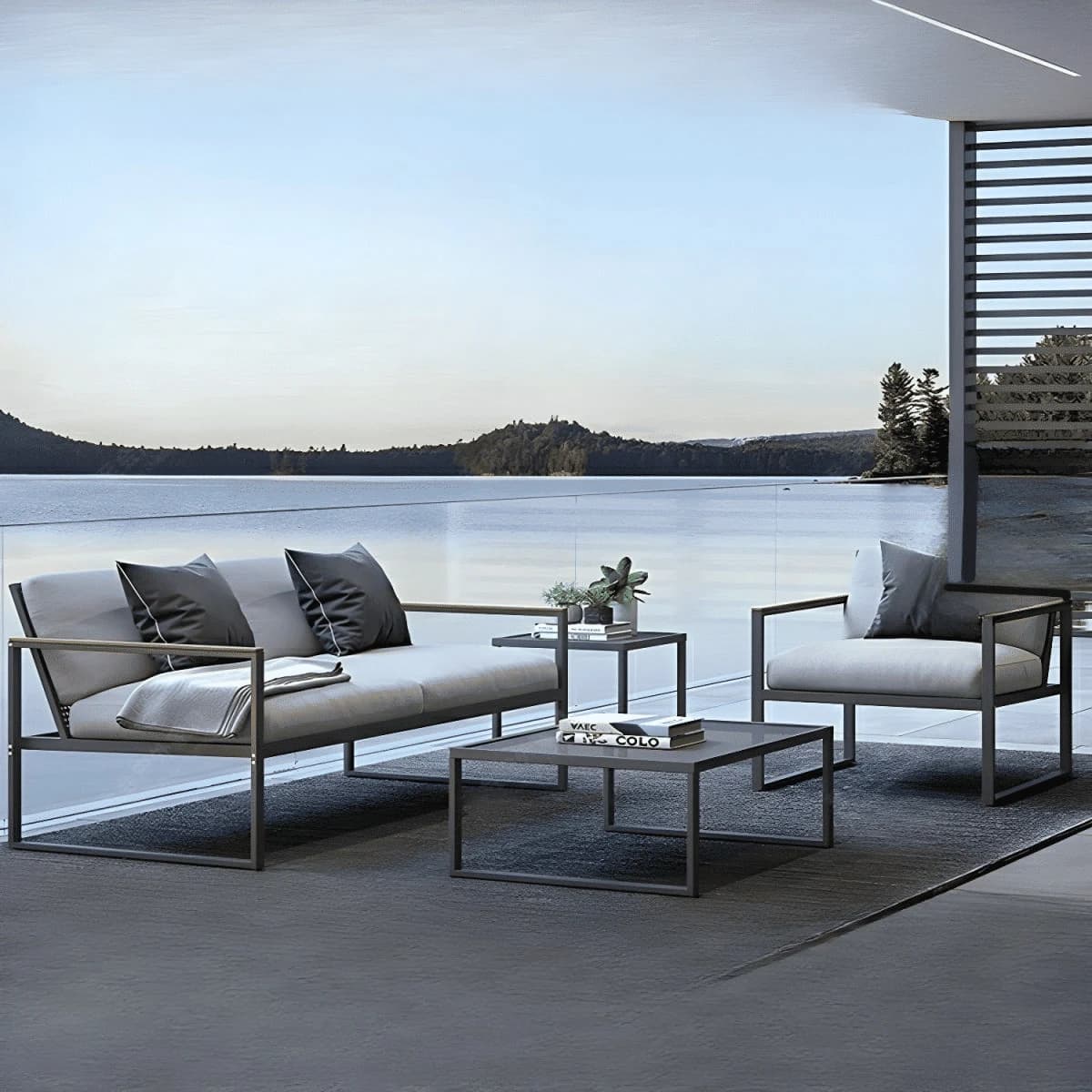 KC-0111 Modern 4 Parçalı Bahçe Koltuk Takımı, Masif Ahşap Kollu, Gri