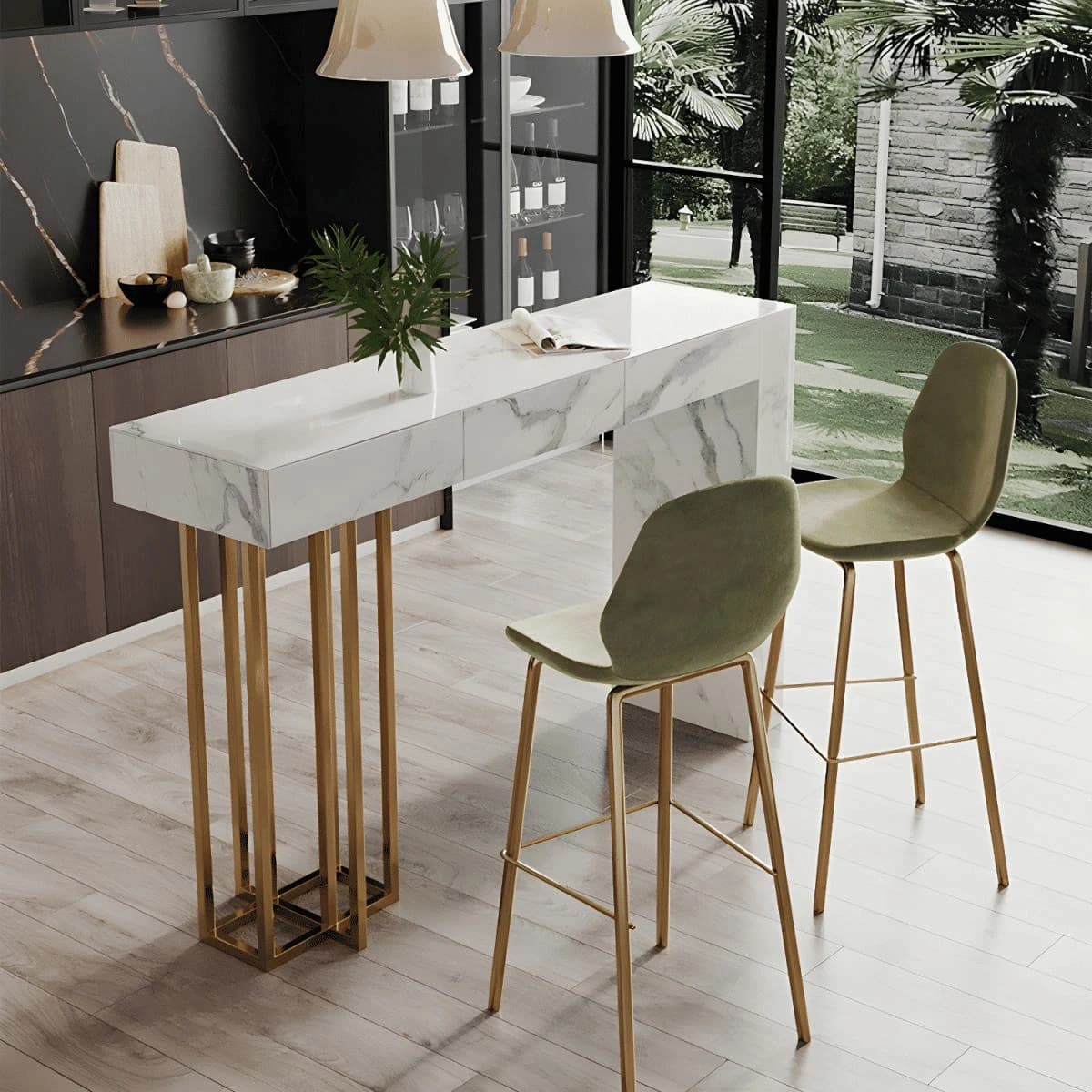 KC-0218 Metal Ayaklı MDF Bar Tezgahı, Altın Çerçeve, Mutfak Adası