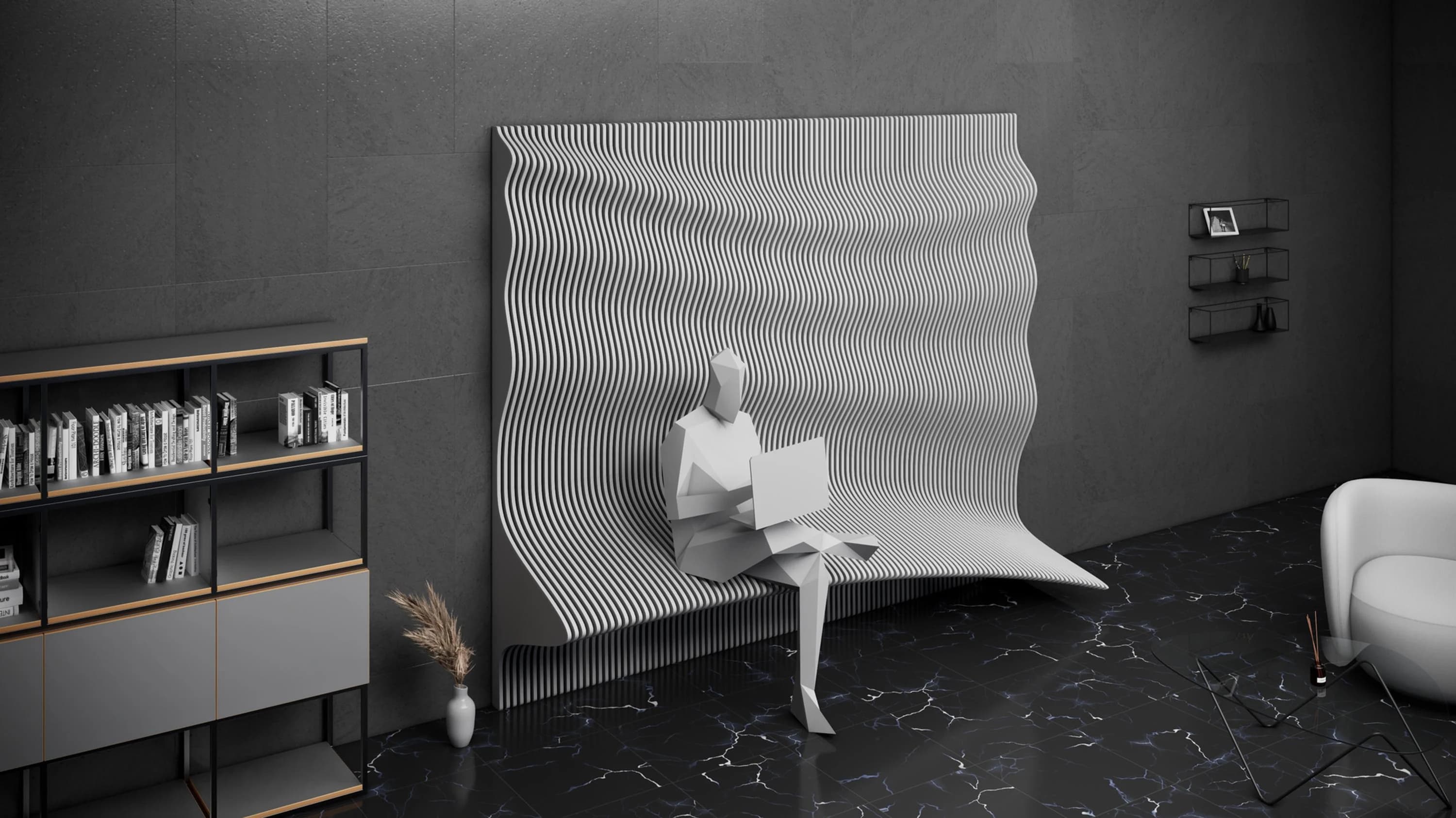 KC-071 Sanat Ahşap – Dalgalı 3D Duvar Dekoru Oturma Alanlı - Parametrik