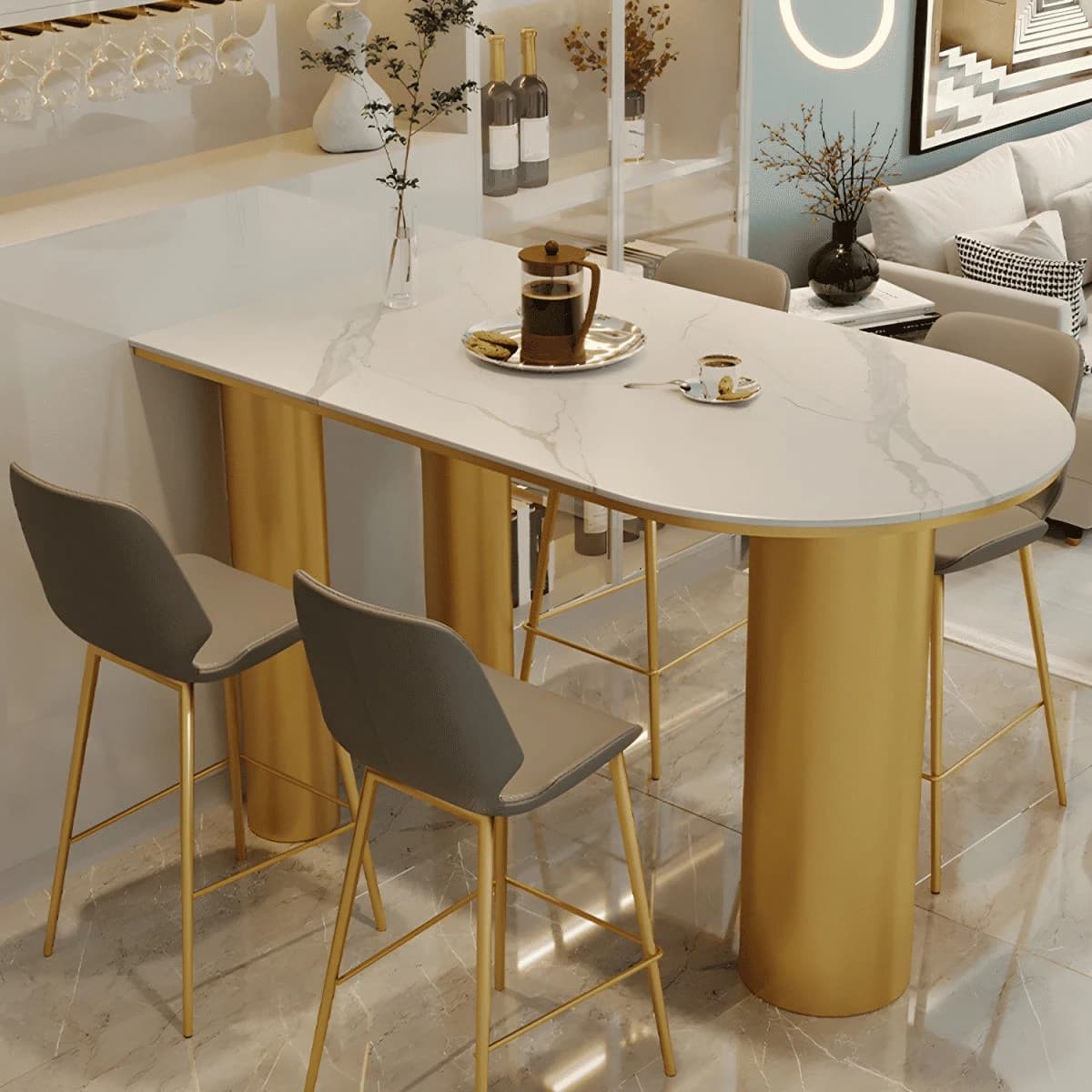 Modern Oval Taş Tezgahlı Bar Masası Seti SKU4930033